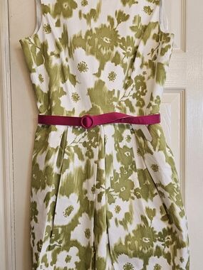 Jessica Howard Olive Green & White Floral Sleeveless Dress with Pink Belt